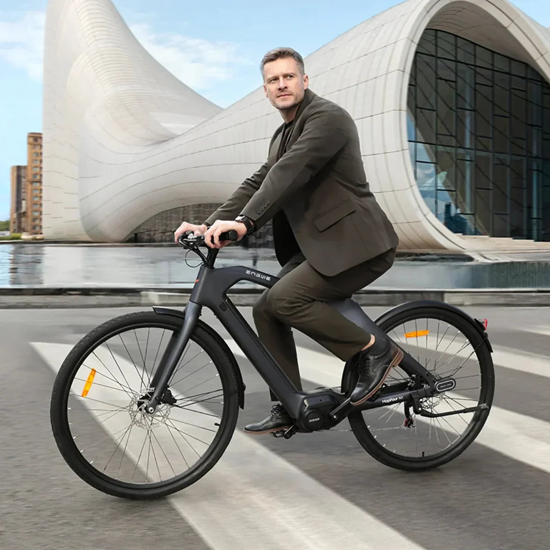 Electric bicycle Engwe MapFour N1 PRO – man riding bicycle in urban setting
