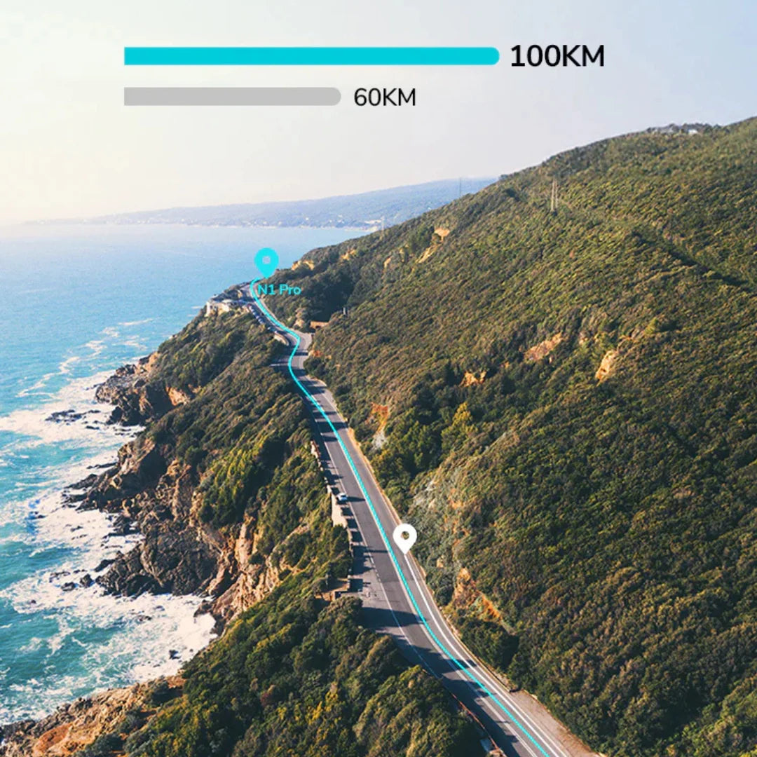 Electric bicycle Engwe MapFour N1 PRO – aerial view of coastal road with range graphic