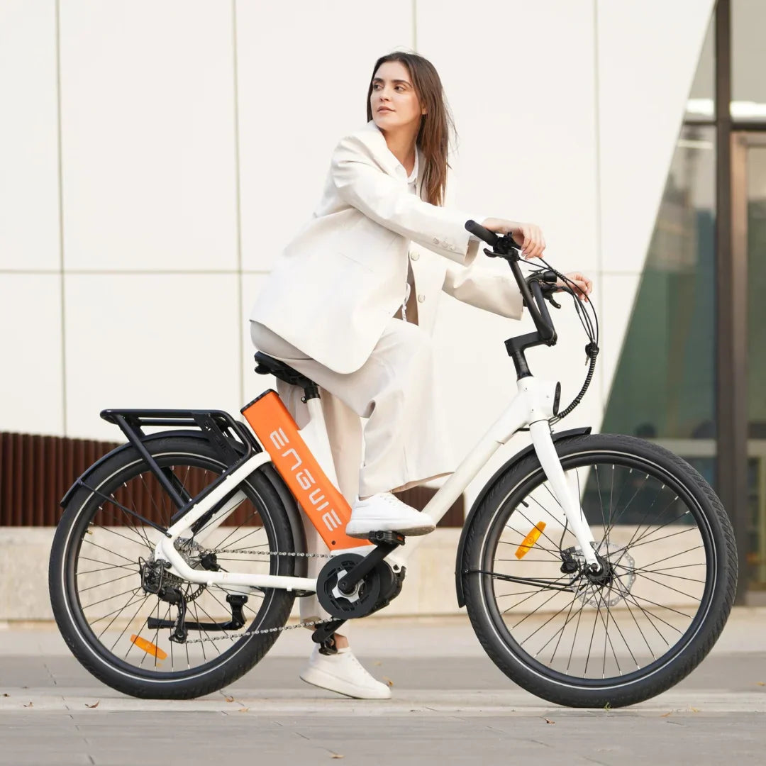 Electric bicycle Engwe P275 ST – woman riding white variant side view