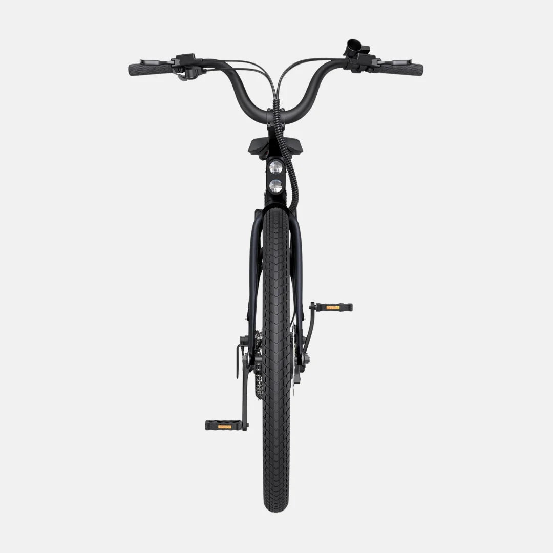 Electric Bike Engwe P275 St features a sleek black design, front view highlighting handlebars, tires, and pedals.