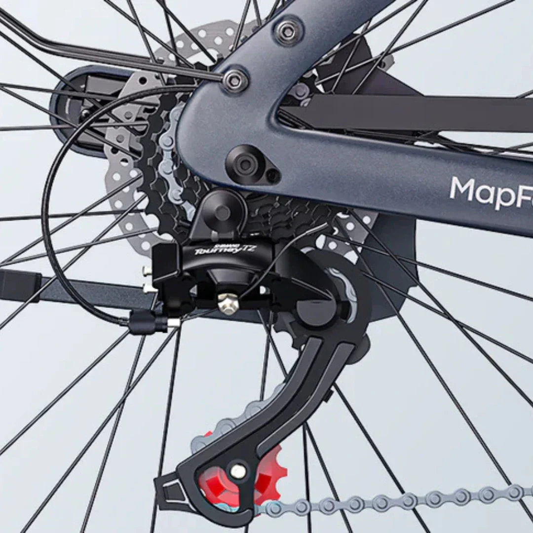 Electric Bike Engwe Mapfour N1 Pro features a detailed rear gear mechanism and sturdy components for smooth rides.