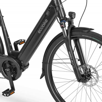 Electric Bike Ecobike Lx 100, sleek black frame, front suspension, disc brakes, stylish design.