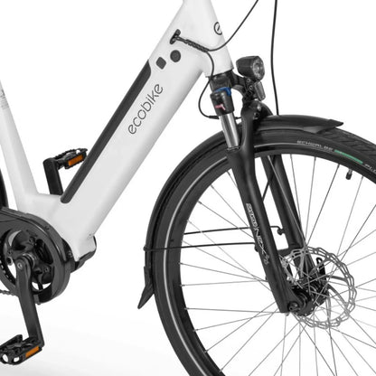 Electric Bike Ecobike Lx 100, sleek white frame, advanced suspension, disc brake, and stylish details.