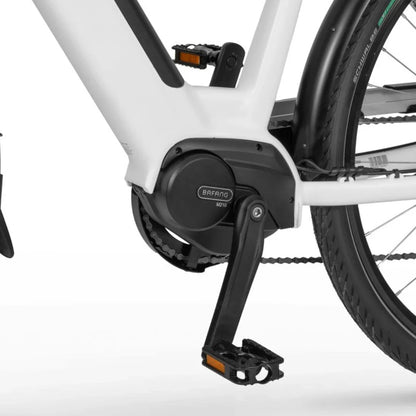 Electric Bike Ecobike Lx 100, close-up of Bafang motor, black pedals, sleek white frame, efficient design.