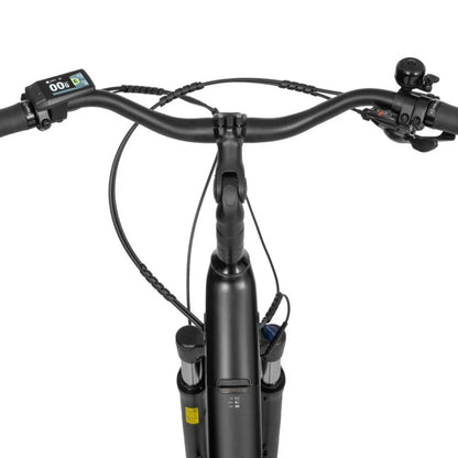 Electric Bike Ecobike Lx 100, top view of handlebars, digital display, sleek black design, comfortable grip.