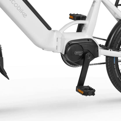 Electric Bike Ecobike Rhino Cruise, features Bafang motor, modern white frame, and durable pedals.