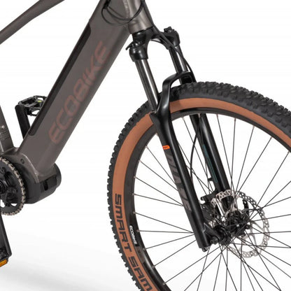 Mountain Electric Bike Ecobike Sx300, sturdy frame, front suspension, rugged tires, sleek design.