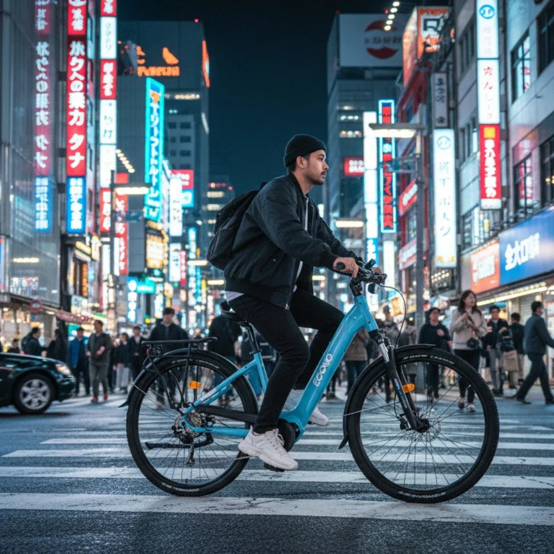 Electric bicycle Econo Mare City EEC4LK – man riding in Tokyo at night