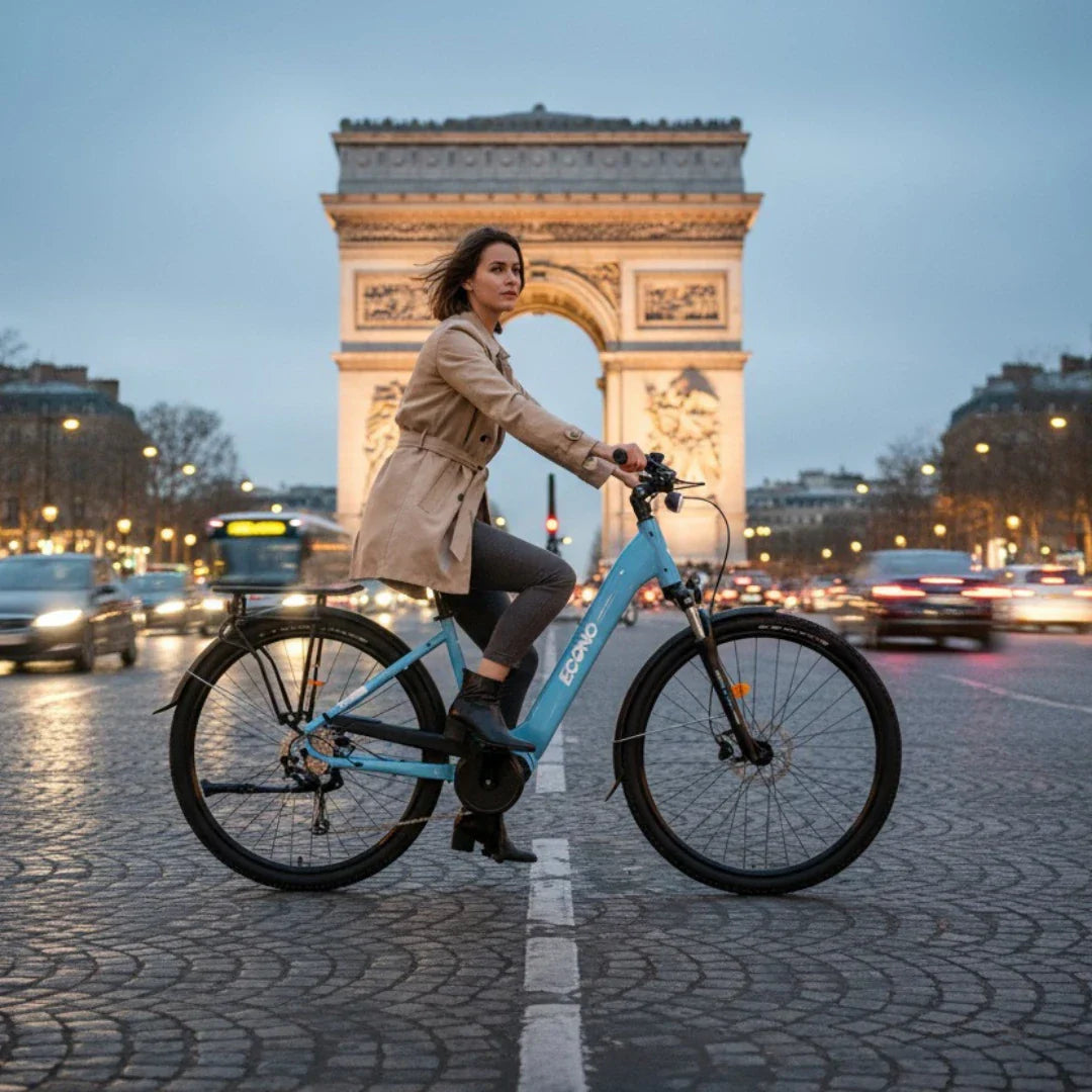 Electric bicycle Econo Mare City EEC4LK – woman riding in Paris, Arc de Triomphe