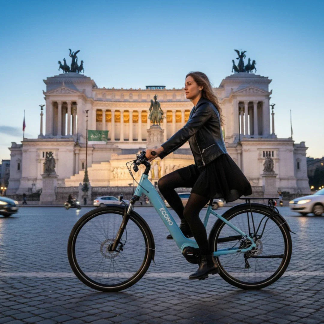 Electric bicycle Econo Mare City EEC4LK – woman riding in Rome, Altar of the Fatherland