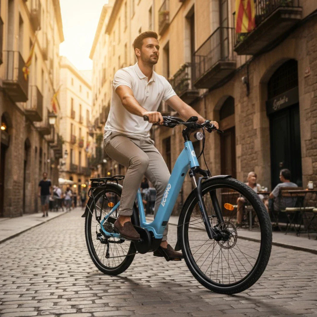 Electric bicycle Econo Mare City EEC4LK – man riding in Barcelona alleyway