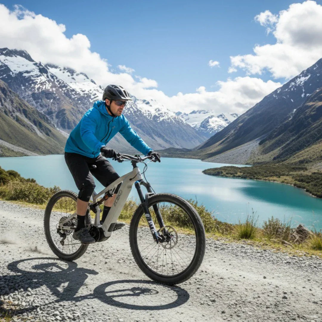 Electric bicycle Econo Pantera C6 120 – man riding by mountain lake