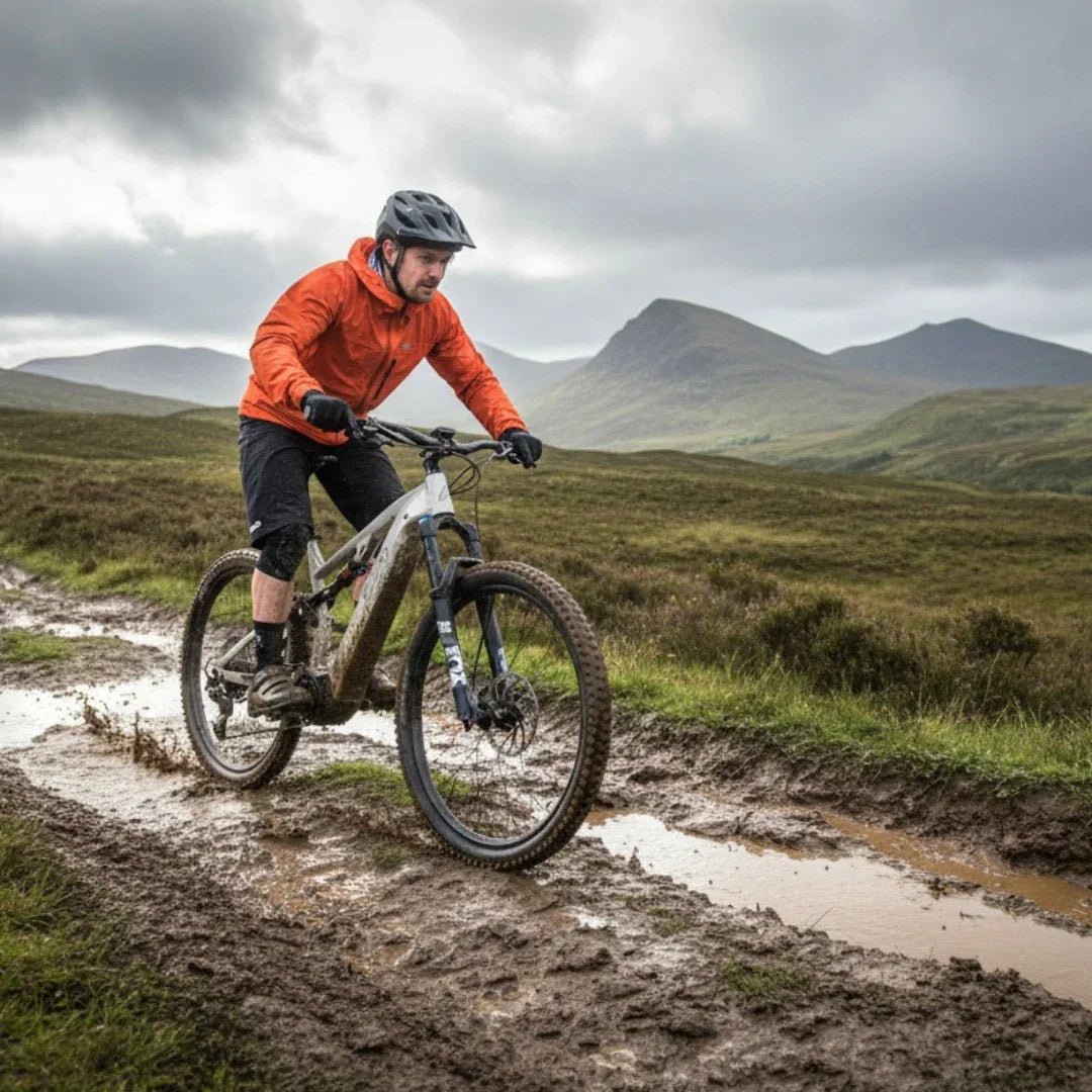 Electric bicycle Econo Pantera C6 120 – man riding on muddy trail