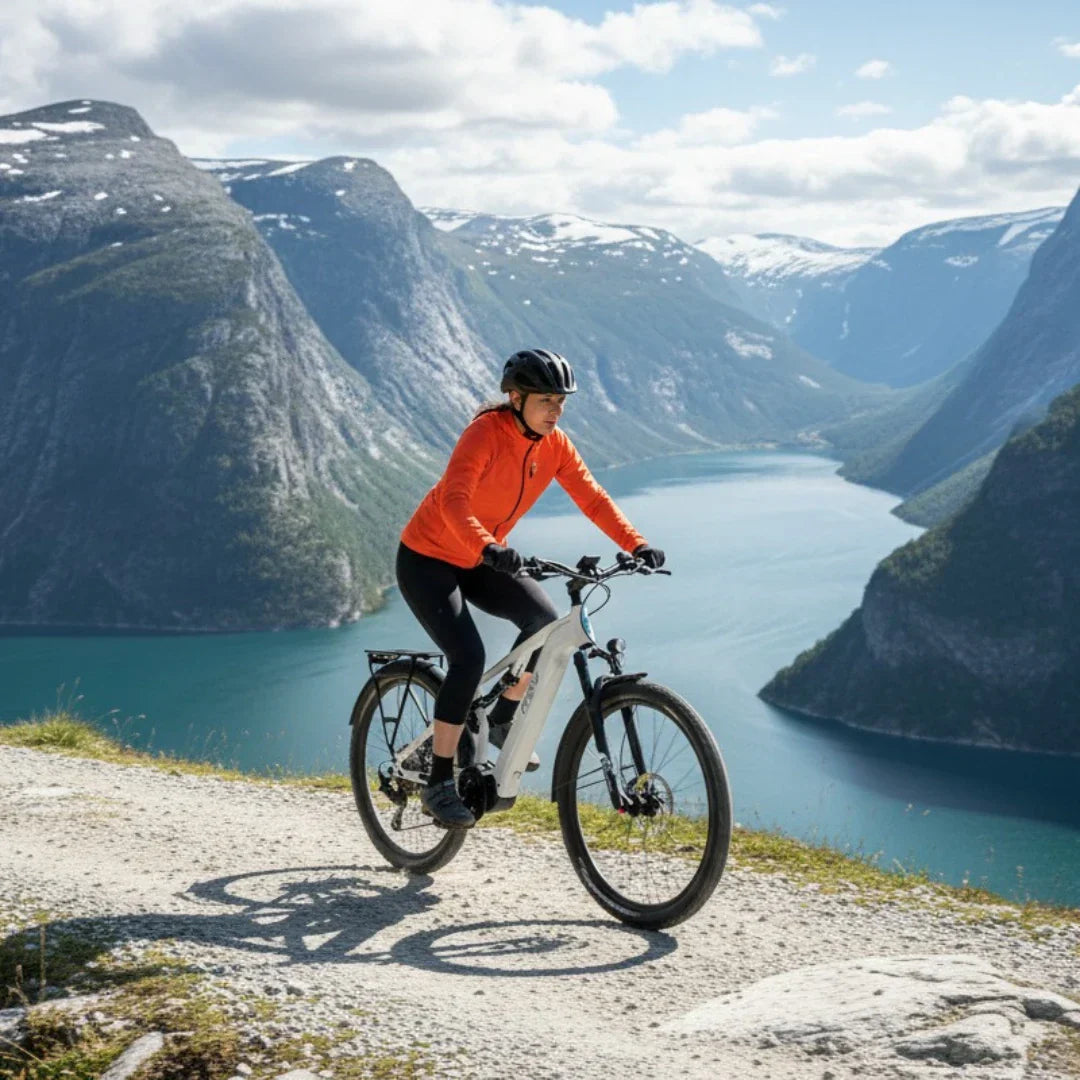 Electric bicycle ECONO Pantera SUV C6 120 – person riding bicycle on mountain path