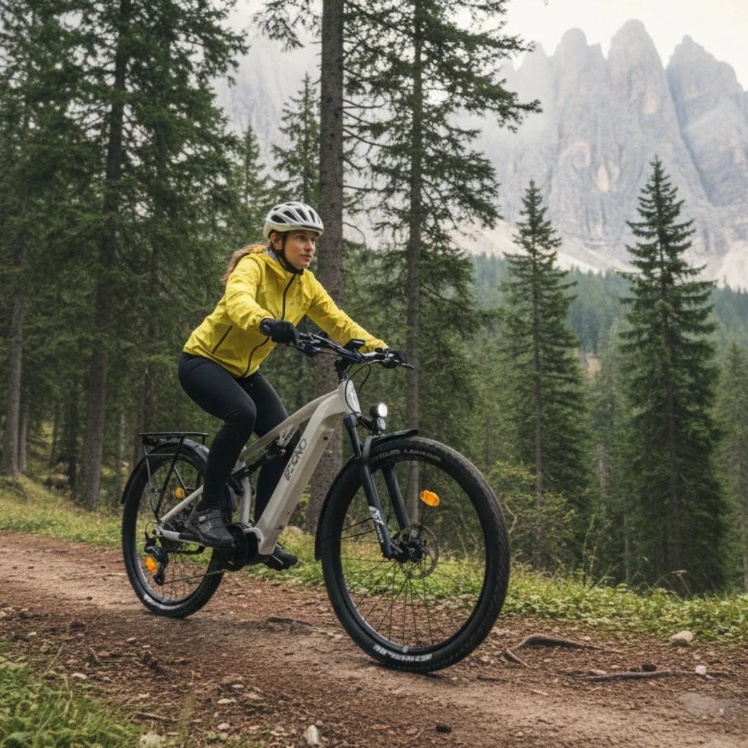 Electric bicycle ECONO Pantera SUV C6 120 – person riding bicycle on forest trail