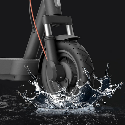 Electric Scooter Xiaomi 5 showcasing its durable wheel splashing water, emphasizing all-terrain capability.