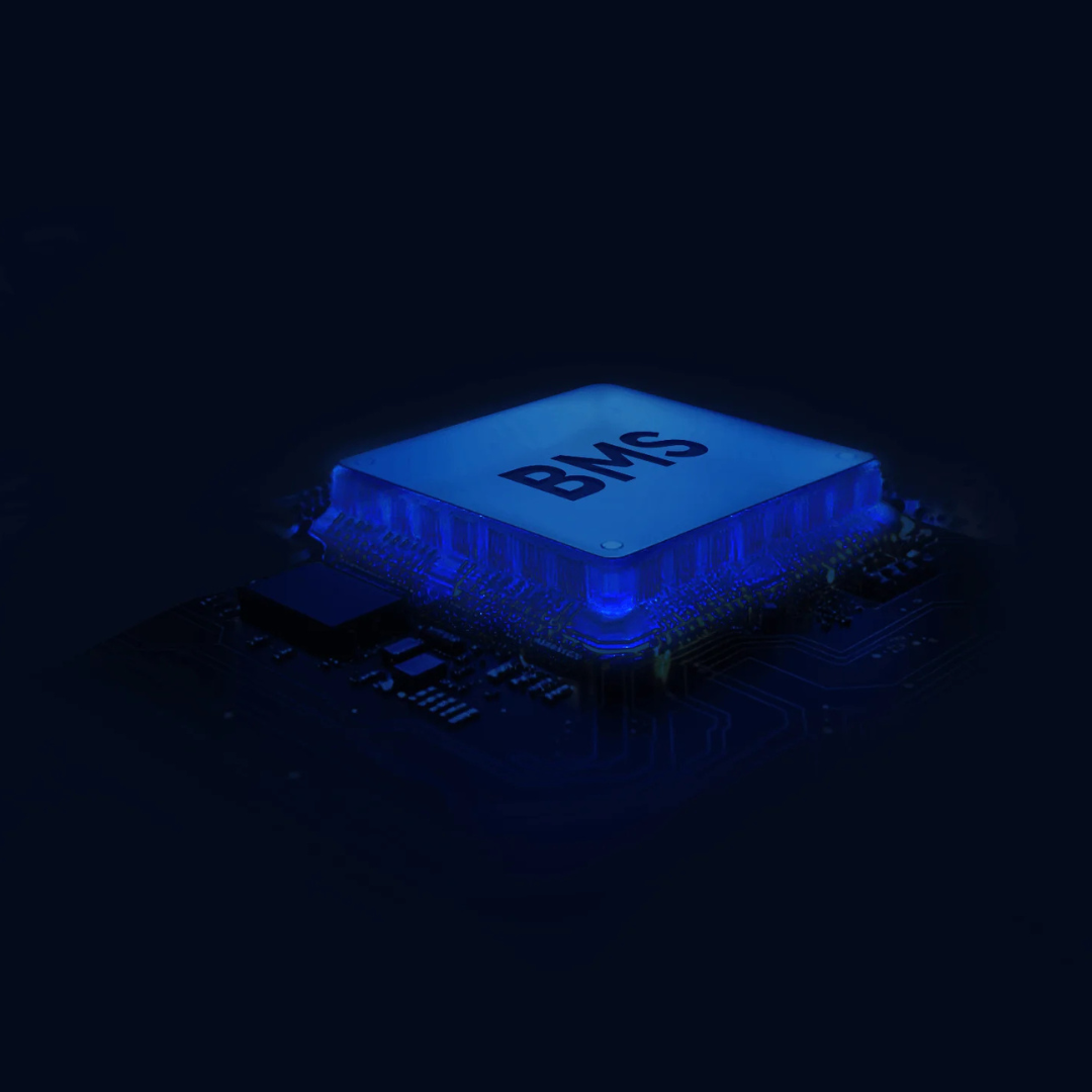 Alt text: Electric Scooter Xiaomi 5's BMS chip illuminated in blue against a dark background.