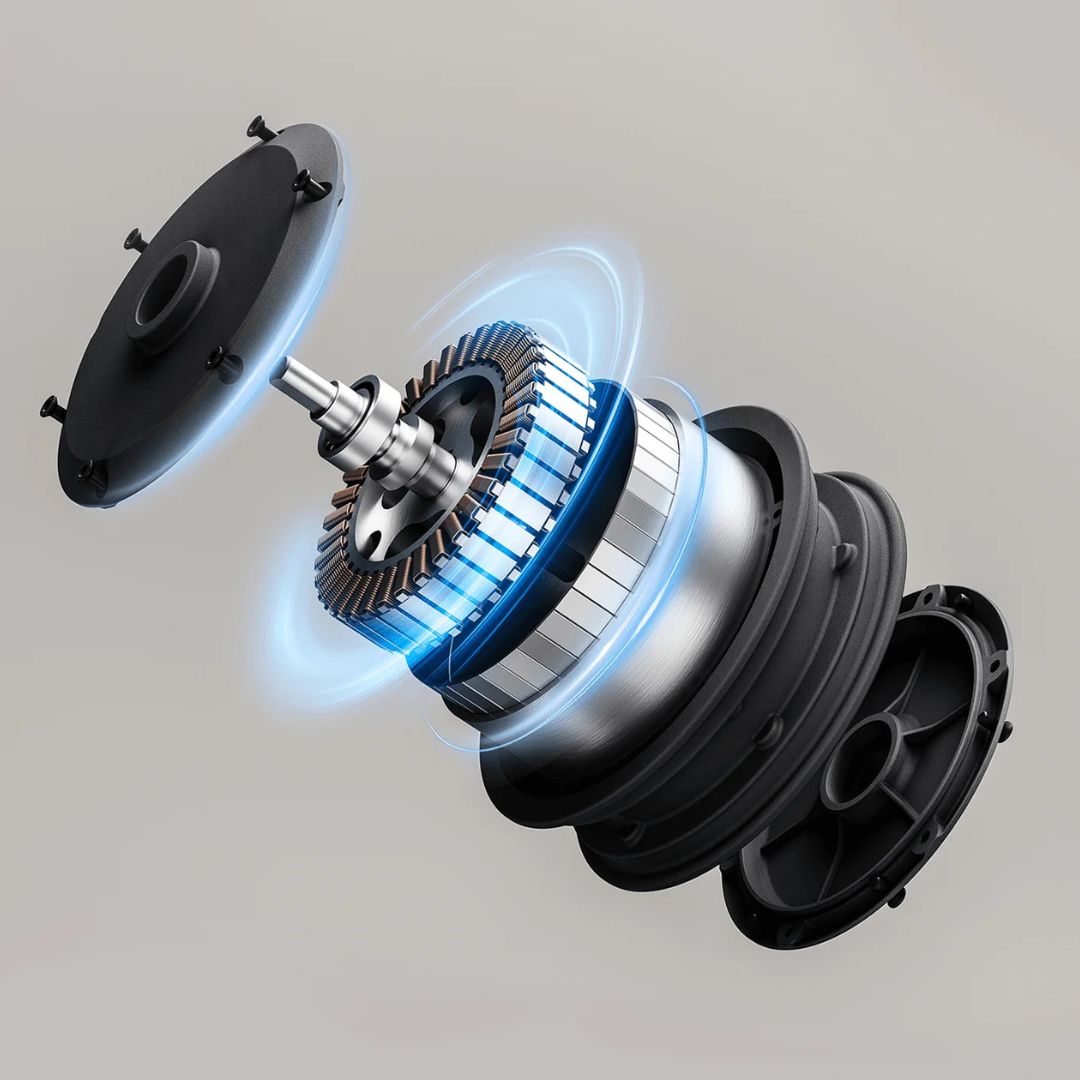Electric Scooter Xiaomi 5 motor components, showcasing inner parts with blue glowing elements.