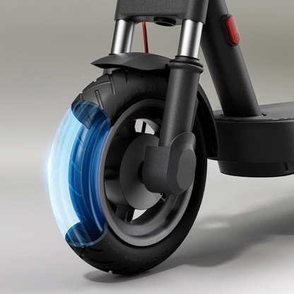 Electric Scooter Xiaomi 5, close-up of the front tire and fork, showcasing the sleek design and technology.