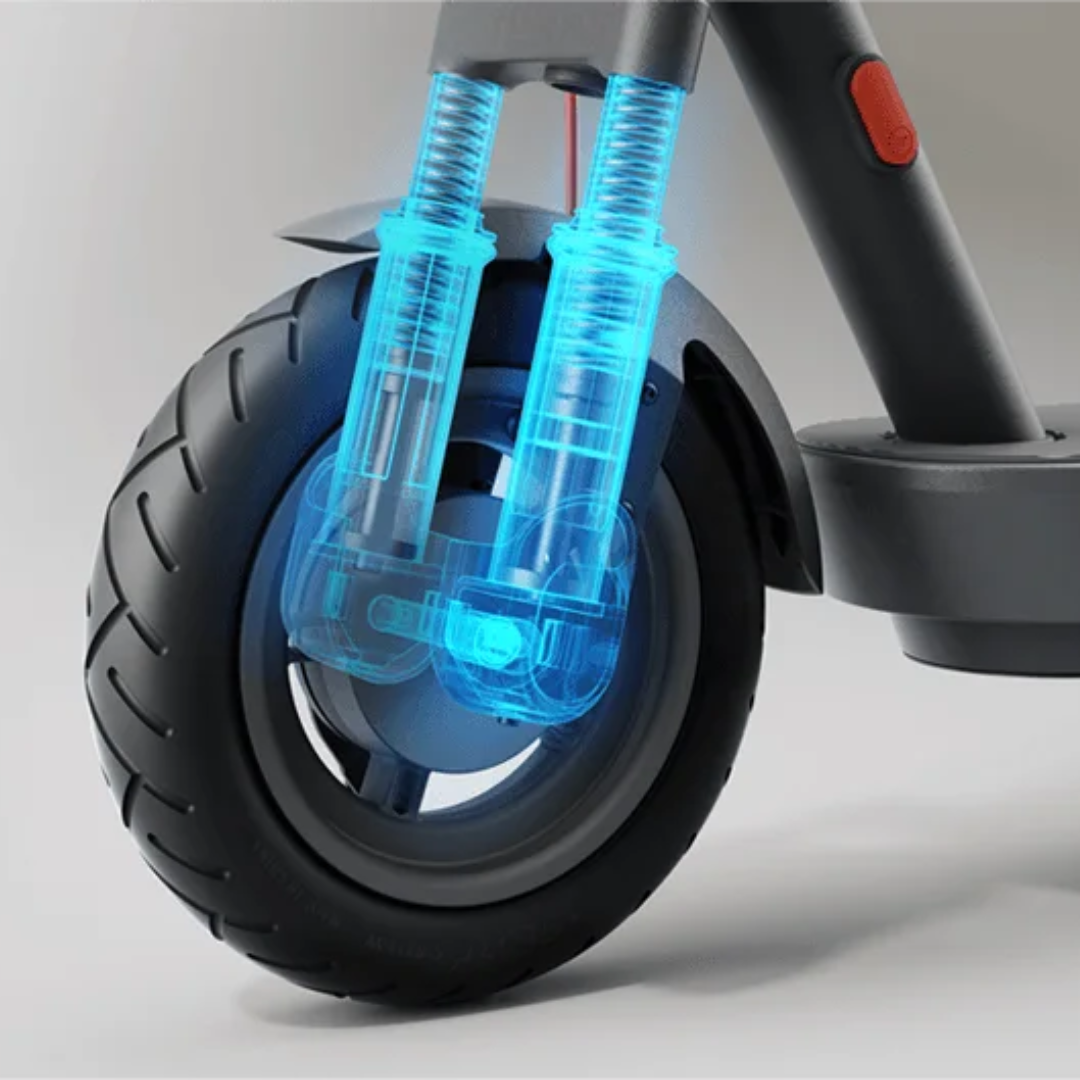 Electric Scooter Xiaomi 5, close-up of front wheel showing advanced shock absorption system.