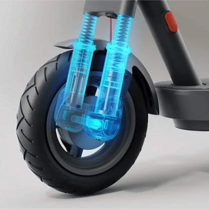 Electric Scooter Xiaomi 5, close-up of front wheel showing advanced shock absorption system.