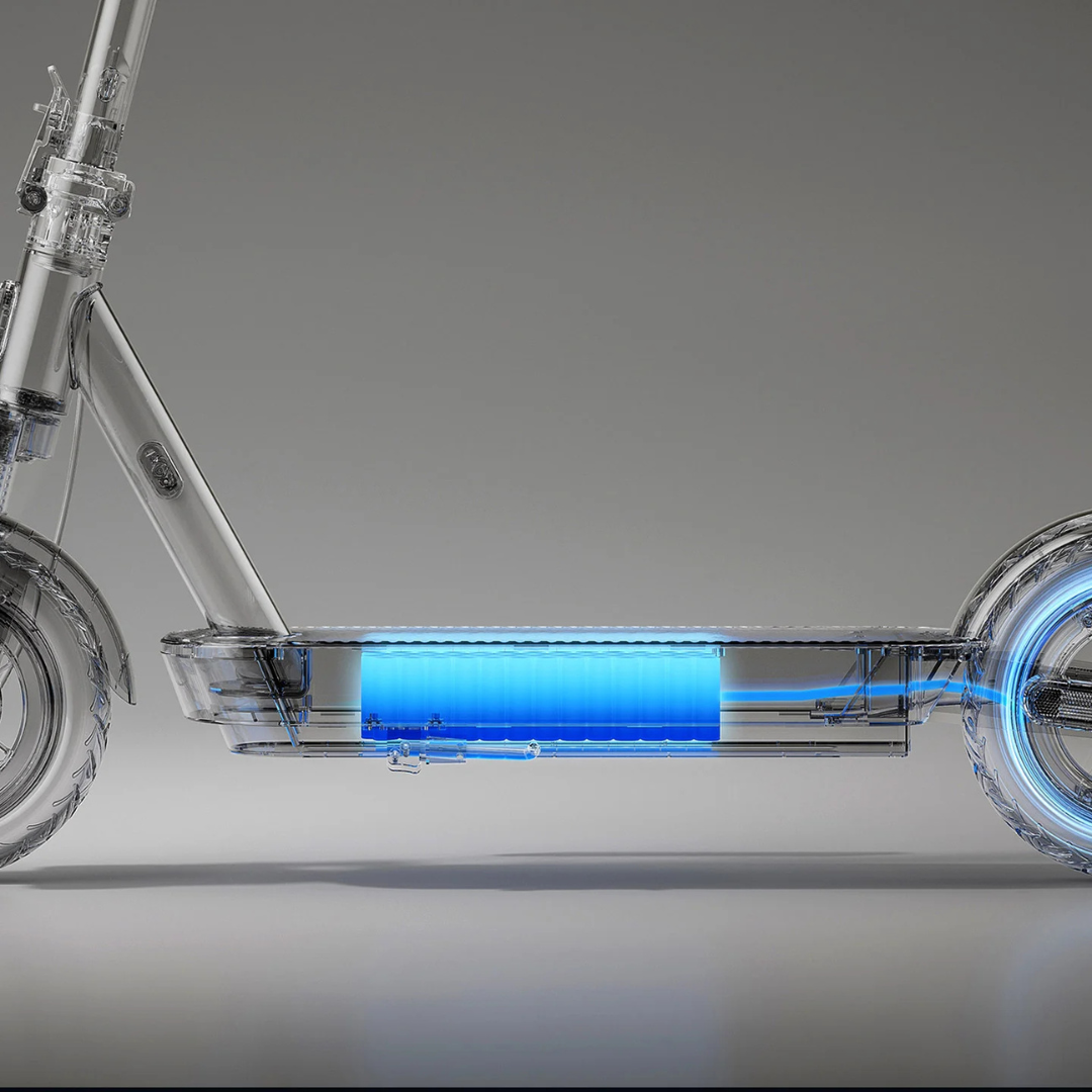 Alt text: Electric Scooter Xiaomi 5, transparent design showcasing internal battery with blue lighting.