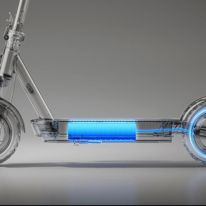Alt text: Electric Scooter Xiaomi 5, transparent design showcasing internal battery with blue lighting.