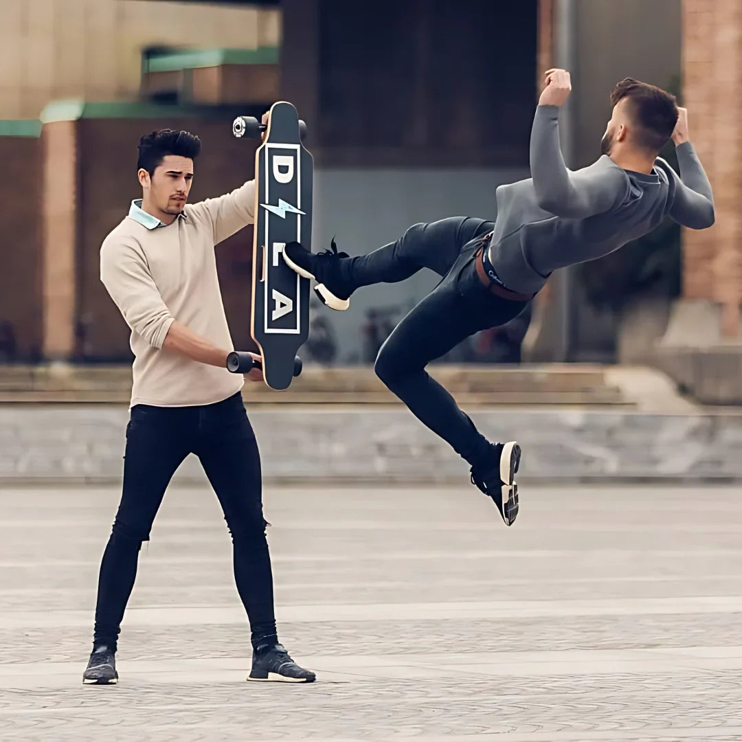 Electric Skateboard Dila Off, two men demonstrating skateboard tricks outdoors, dynamic action shot.
