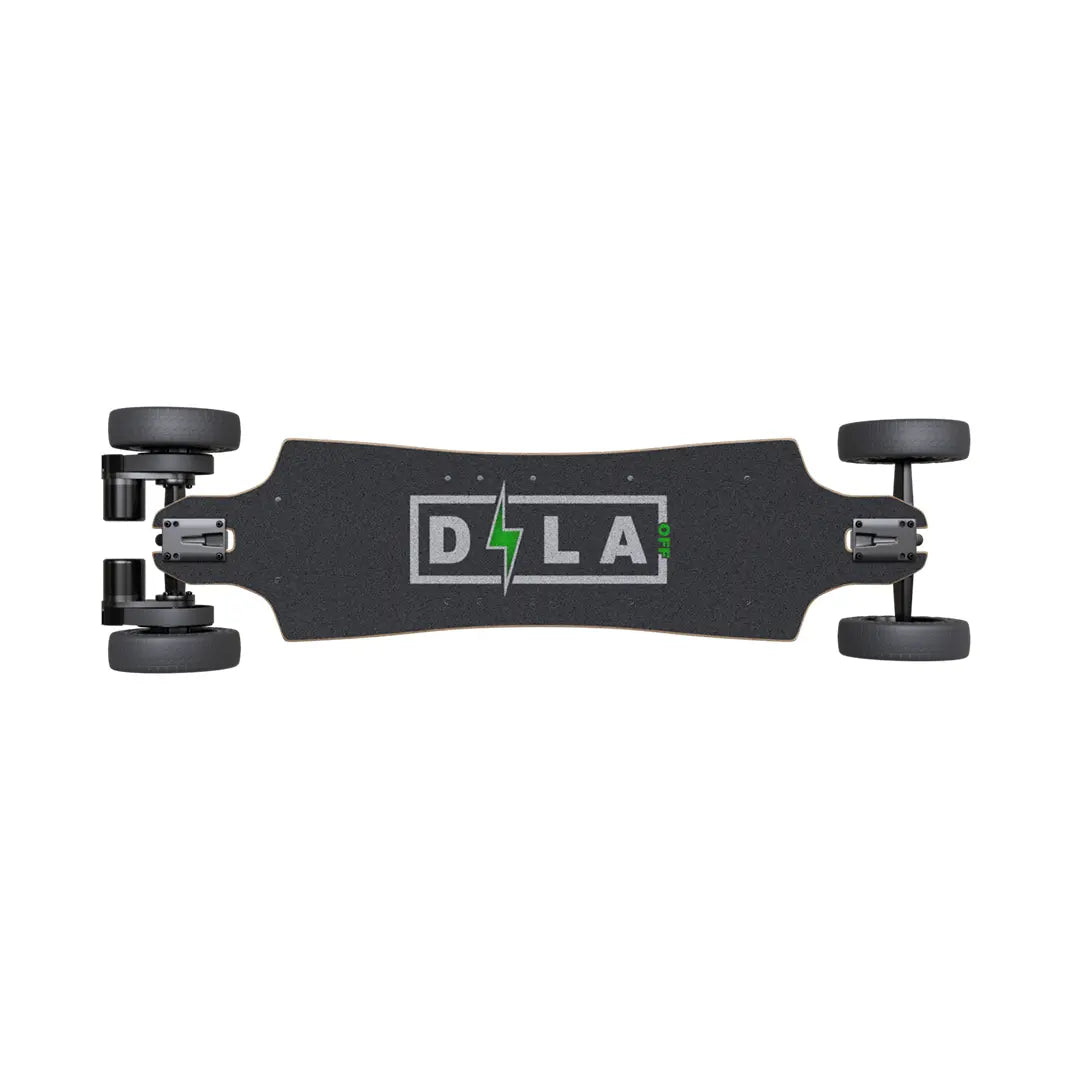 Electric Skateboard Dila Off features a sleek black design with a prominent logo and robust wheels.