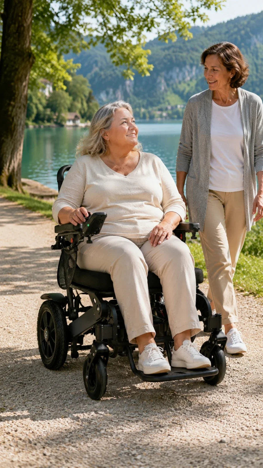 Electric wheelchair ComfyGO Majestic 440 HD Plus – woman in wheelchair next to another woman on a path