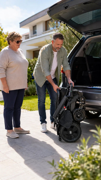 Electric wheelchair ComfyGO Majestic 440 HD Plus – man folding wheelchair at car trunk, woman stands nearby