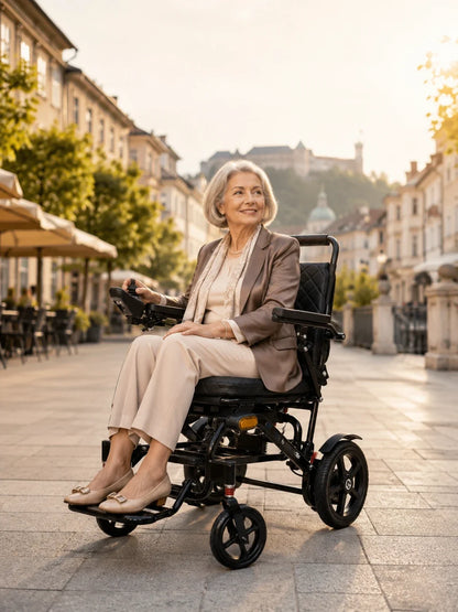 Electric wheelchair ComfyGO G5 / G5 Pro – woman seated outdoors on a paved European town street