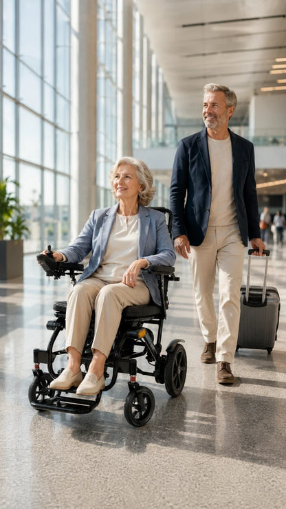 Electric wheelchair ComfyGO G5 / G5 Pro – woman seated in wheelchair, man with luggage walking in airport terminal