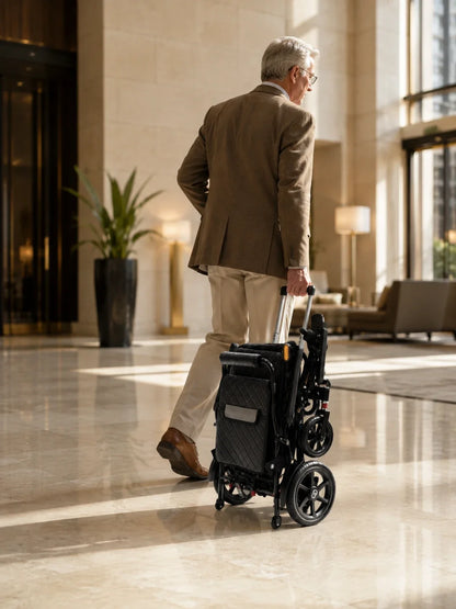 Electric wheelchair ComfyGO G5 / G5 Pro – man pulling folded wheelchair behind him in a modern building lobby