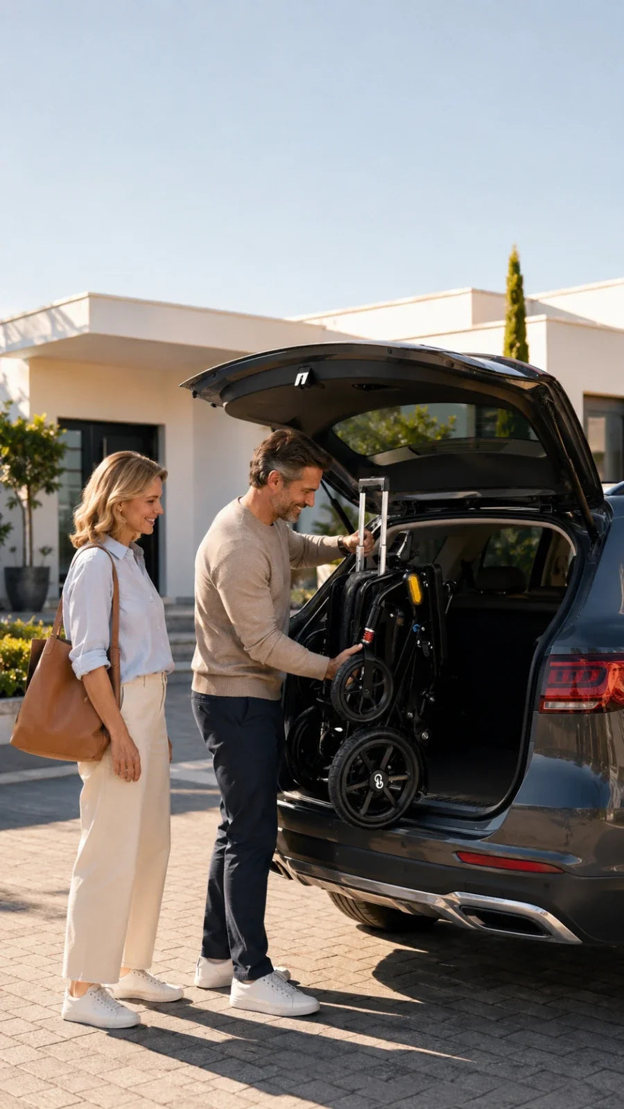 Electric wheelchair ComfyGO G5 / G5 Pro – man and woman loading folded wheelchair into car trunk