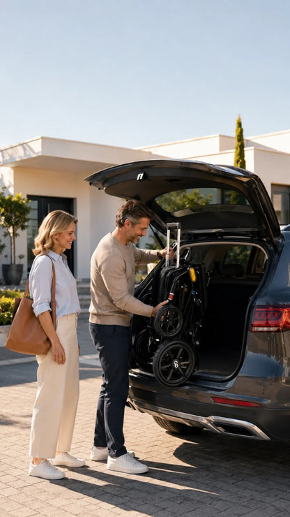 Electric wheelchair ComfyGO G5 / G5 Pro – man and woman loading folded wheelchair into car trunk