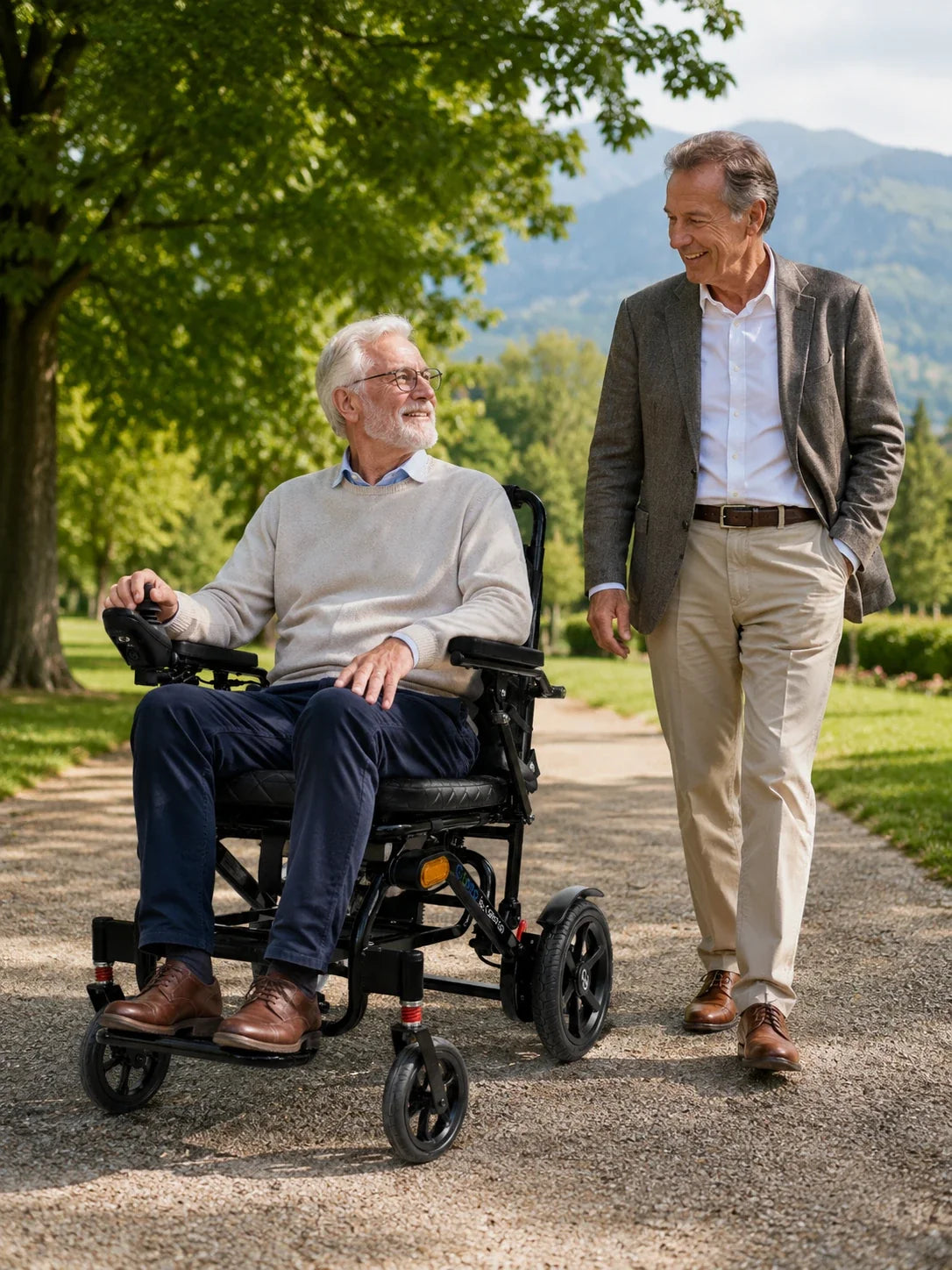 Electric wheelchair ComfyGO G5 / G5 Pro – man seated in wheelchair on a path, man walking beside him