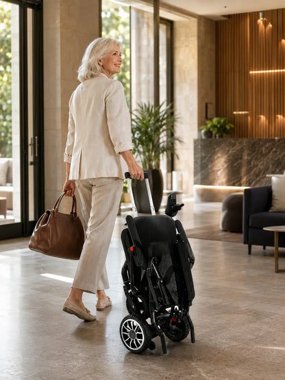 Electric wheelchair ComfyGO IQ-Carbon – woman walking, pulling folded wheelchair by its handle indoors