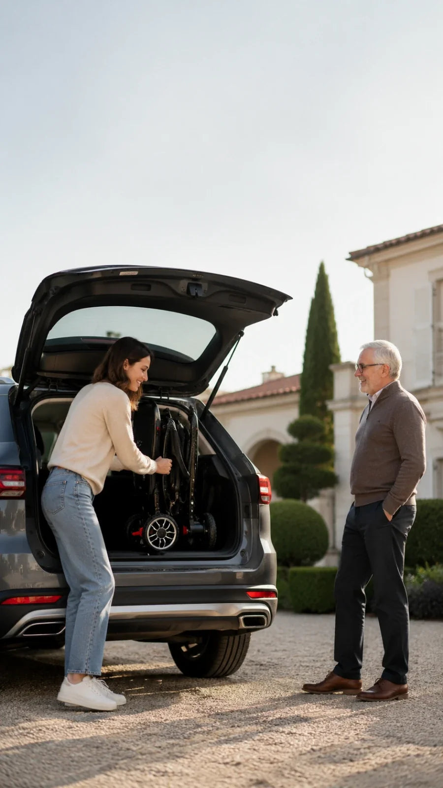 Electric wheelchair ComfyGO IQ-Carbon – woman placing folded wheelchair into car trunk, man watching