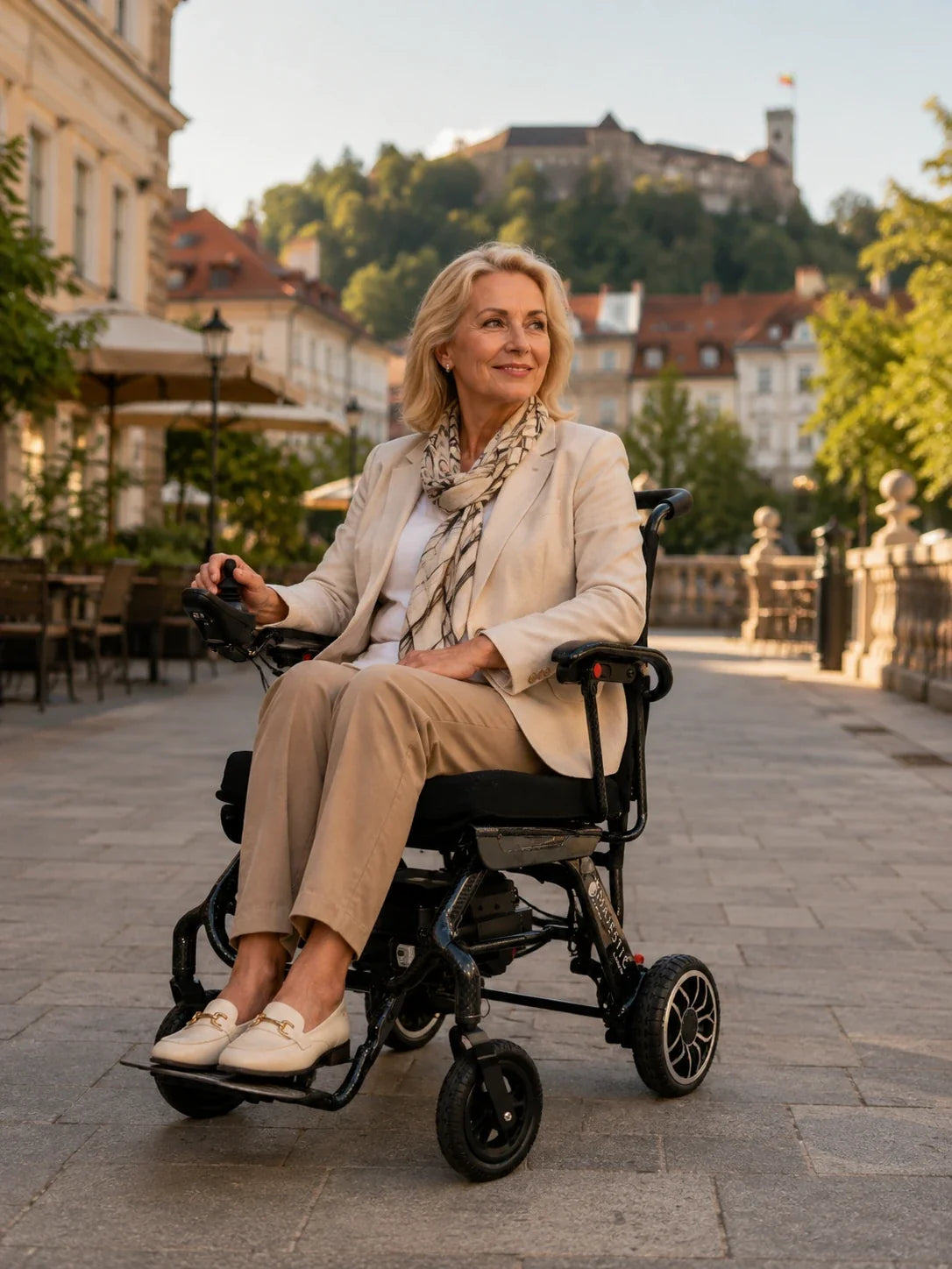 Electric wheelchair ComfyGO IQ-Carbon – woman seated in wheelchair outdoors on a city street