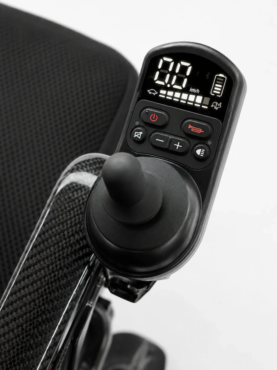 Electric wheelchair ComfyGO IQ-Carbon – close-up of joystick control with digital display and buttons