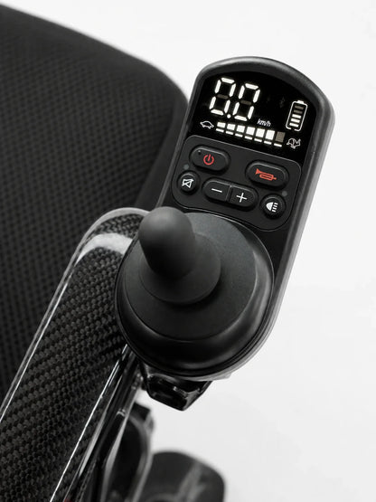 Electric wheelchair ComfyGO IQ-Carbon – close-up of joystick control with digital display and buttons