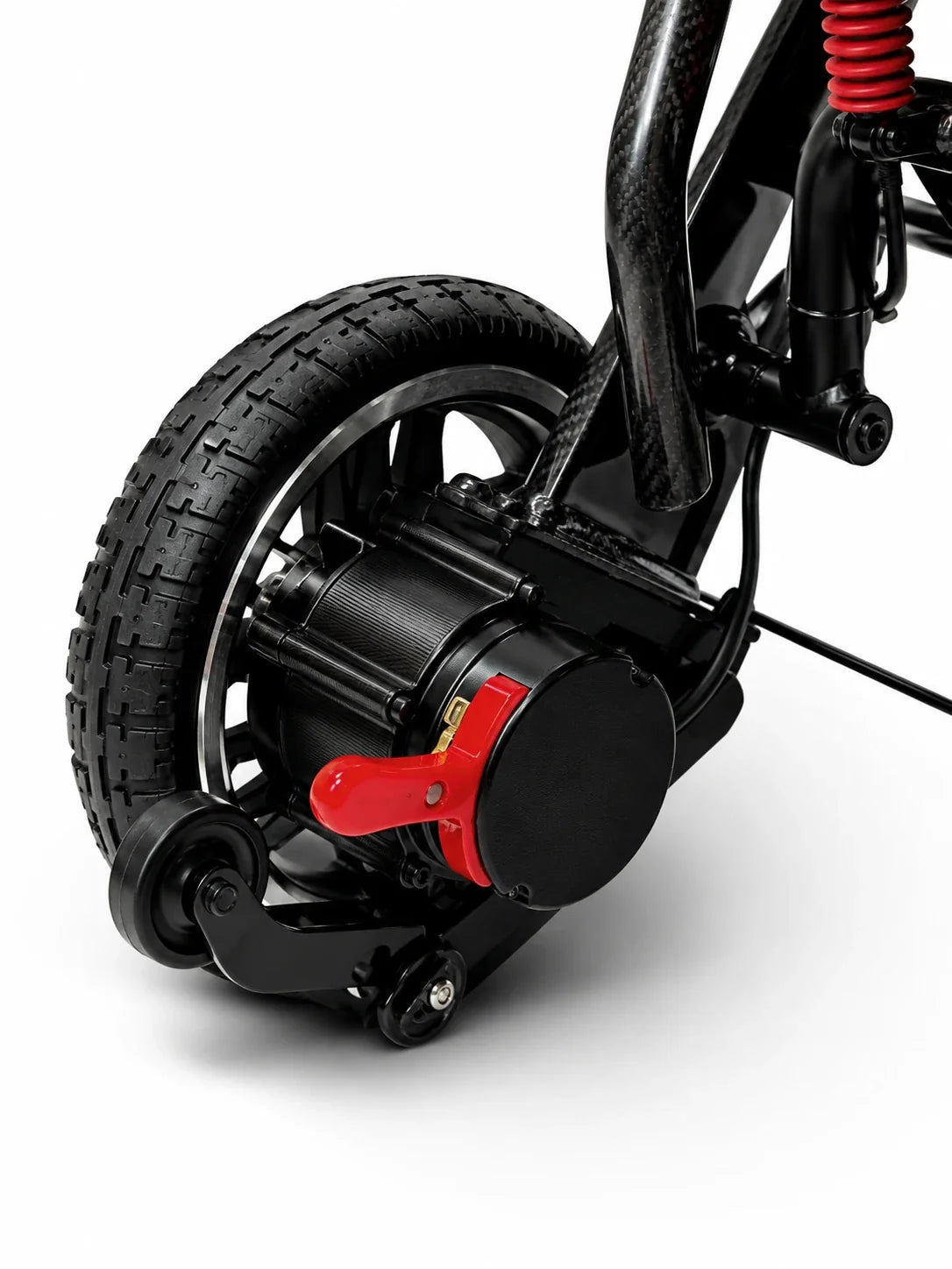 Electric wheelchair ComfyGO IQ-Carbon – close-up of rear wheel, motor, and red freewheel lever