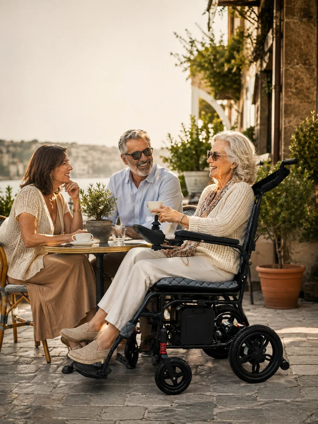 Electric wheelchair ComfyGO X7 – woman in chair at an outdoor cafe table with two other people