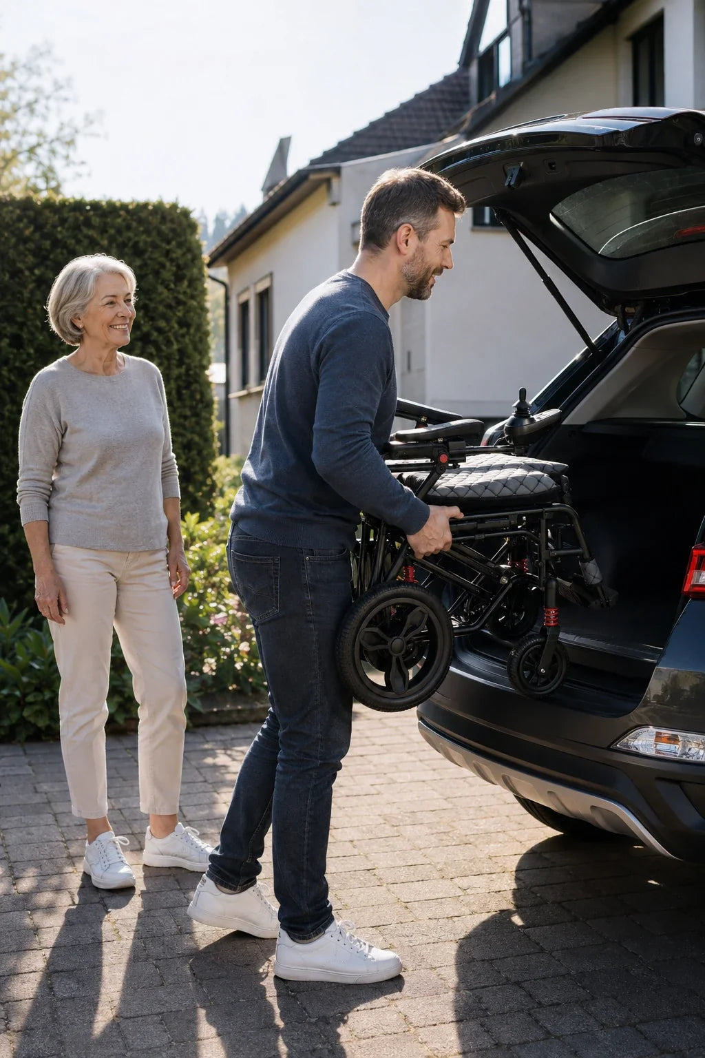 Electric wheelchair ComfyGO X7 – man placing a folded chair into the back of an SUV, woman watching
