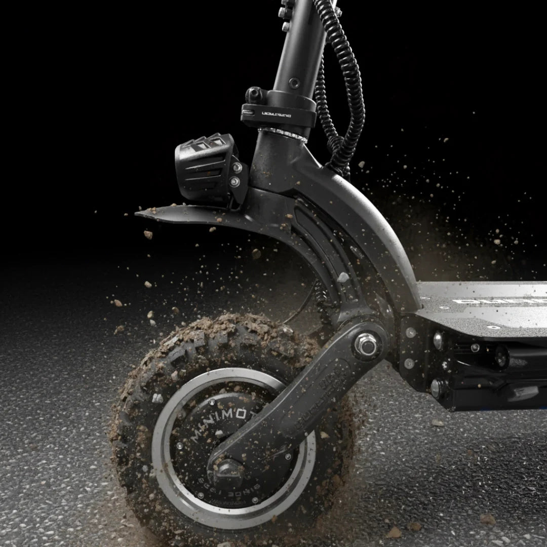 Electric scooter Dualtron Ultra 2 Upgrade – front wheel and suspension, covered in mud