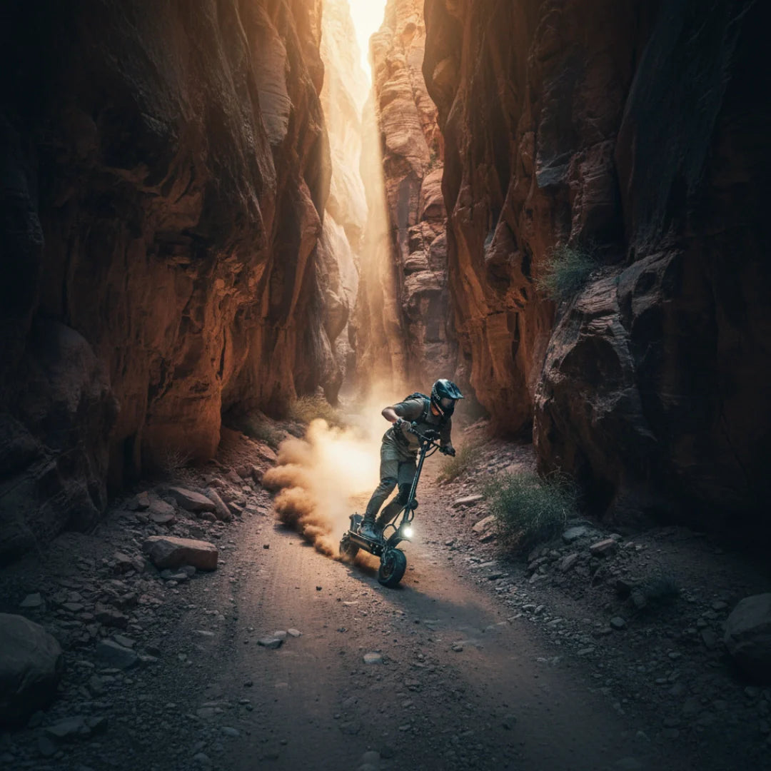 Electric scooter Dualtron Ultra 2 Upgrade – rider on dirt path in canyon