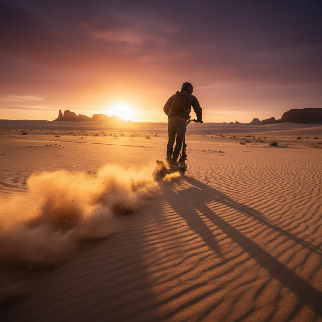 Electric scooter Dualtron Ultra 2 Upgrade – desert rider kicking sand at sunset