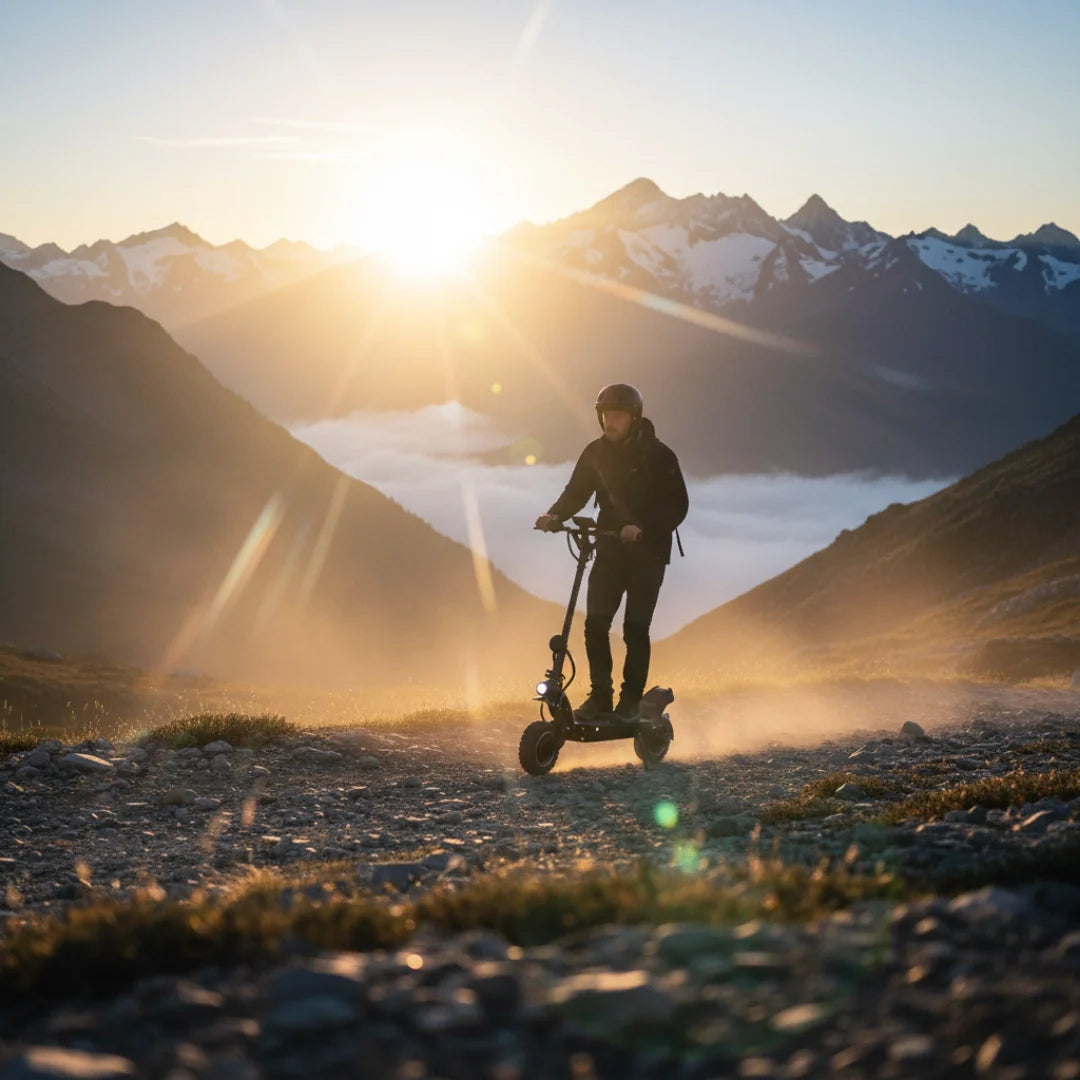 Electric scooter Dualtron Ultra 2 Upgrade – person riding in mountains at sunset