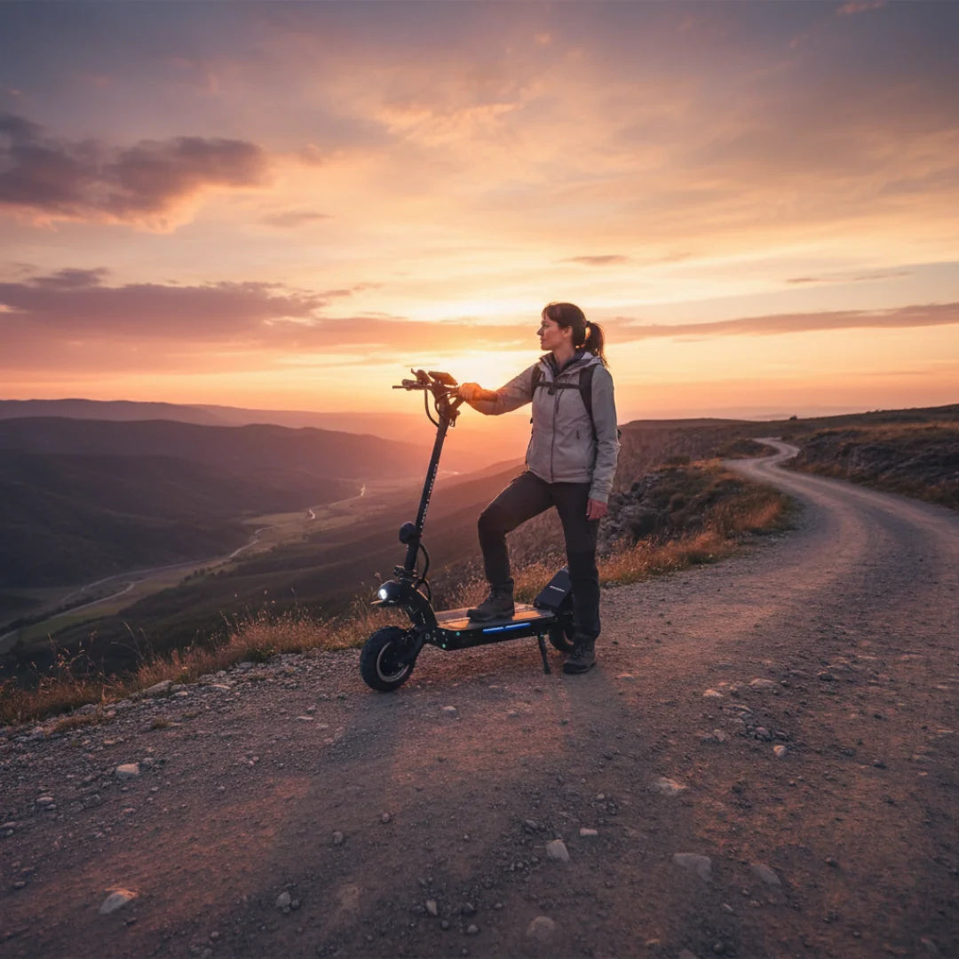 Electric scooter Dualtron Ultra 2 Upgrade – rider on mountain path at sunset